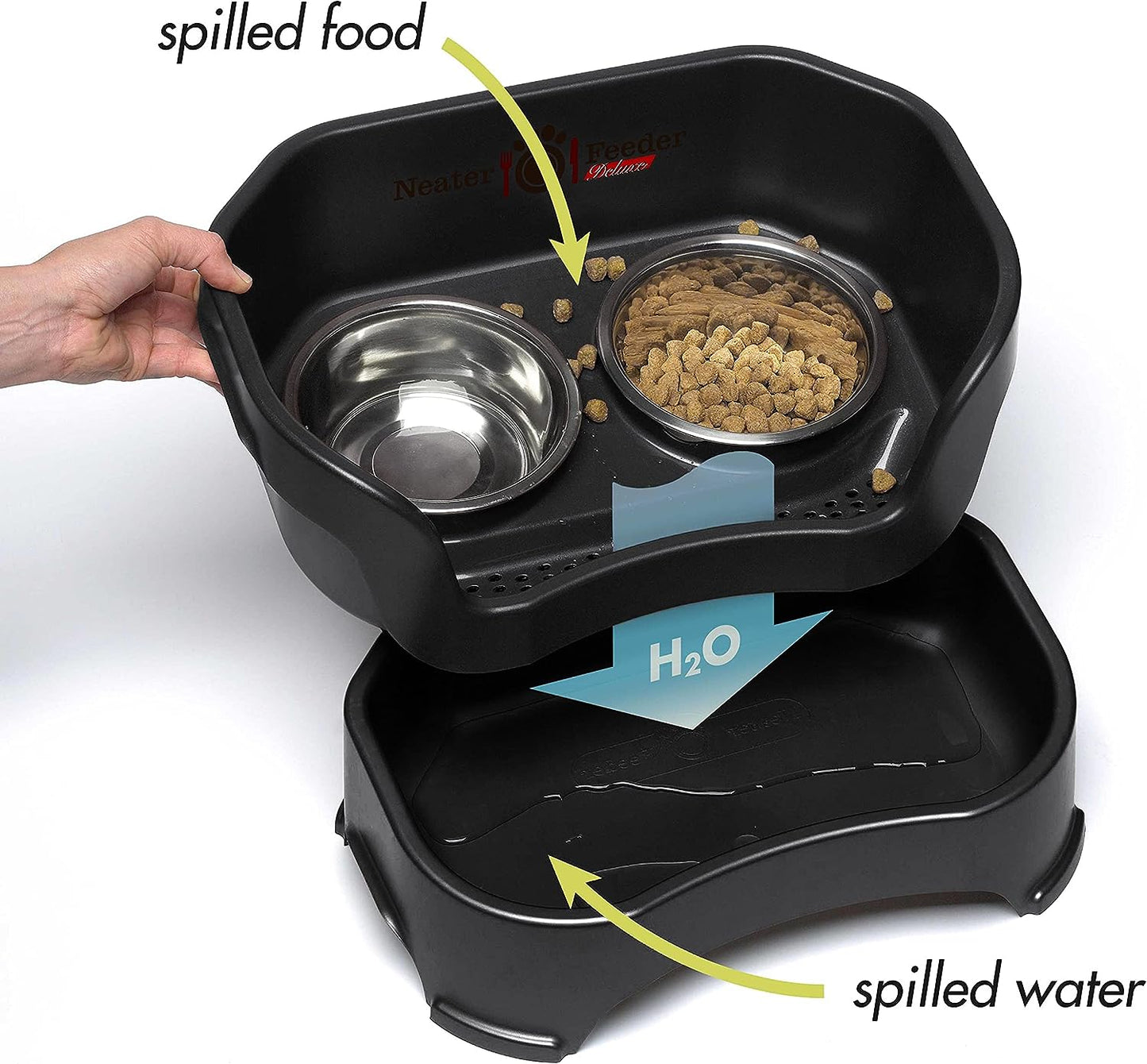 Large Elevated Spill-Proof Dog Bowl Set – Black Feeder with Stainless Steel Bowls (USA Made) - Petgrove Online
