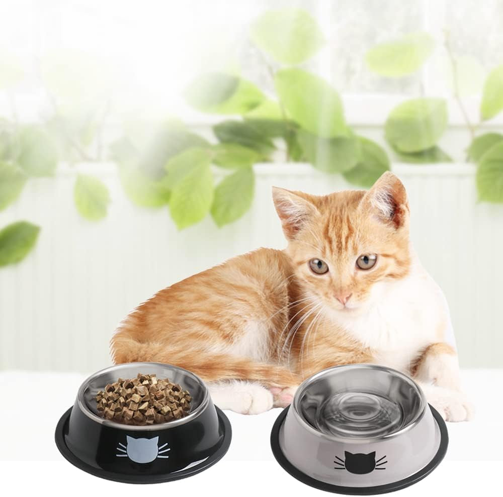 Cat Bowls for Food and Water,2Pcs Non-Slip Stainless Steel Small 8 Oz Pet Bowl with Removable Rubber Base Dog Bowl,Stackable Puppy Dishes with Cute Cat Painted