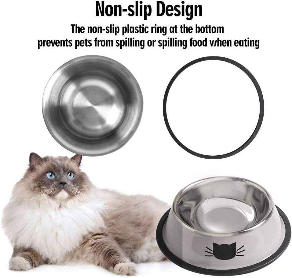 Cat Bowls for Food and Water,2Pcs Non-Slip Stainless Steel Small 8 Oz Pet Bowl with Removable Rubber Base Dog Bowl,Stackable Puppy Dishes with Cute Cat Painted