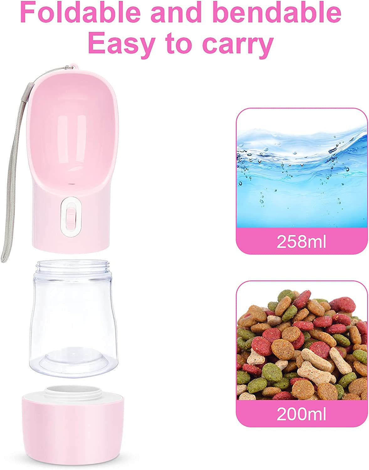 Leakproof Pink Portable Dog Water Bottle with Built-In Travel Bowl