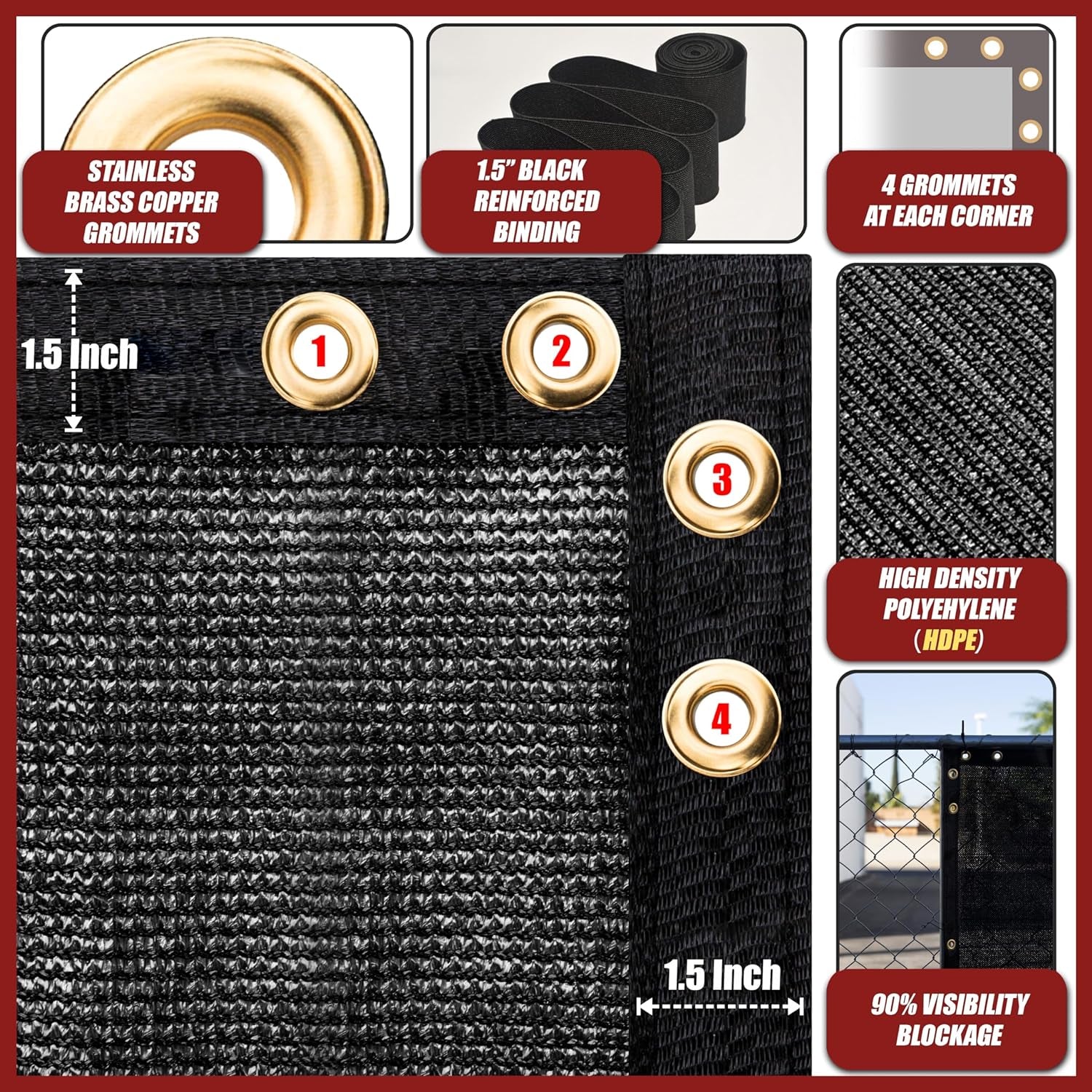 Heavy-Duty 6x50 Privacy Fence Screen – Black Mesh with Grommets