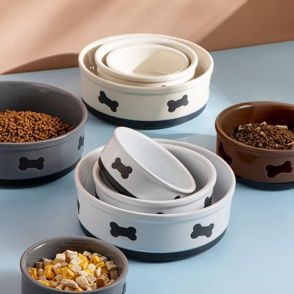 70oz Large Ceramic Dog Bowl – Gray Porcelain Feeding Dish with Bone Design