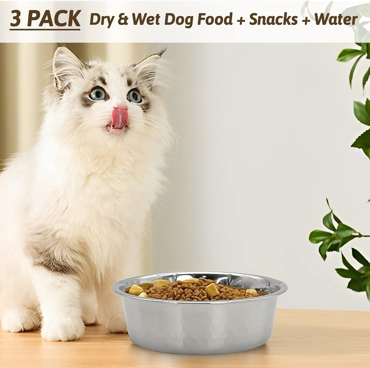 3 Pack Hammered Stainless Steel Cat Bowls, 2 Cups/16 Oz Premium Metal Puppy Feeder Bowl Set for Raised Feeding Station Basic Kitten Food & Water Dishes for Small & Medium Pets Dishwasher Safe