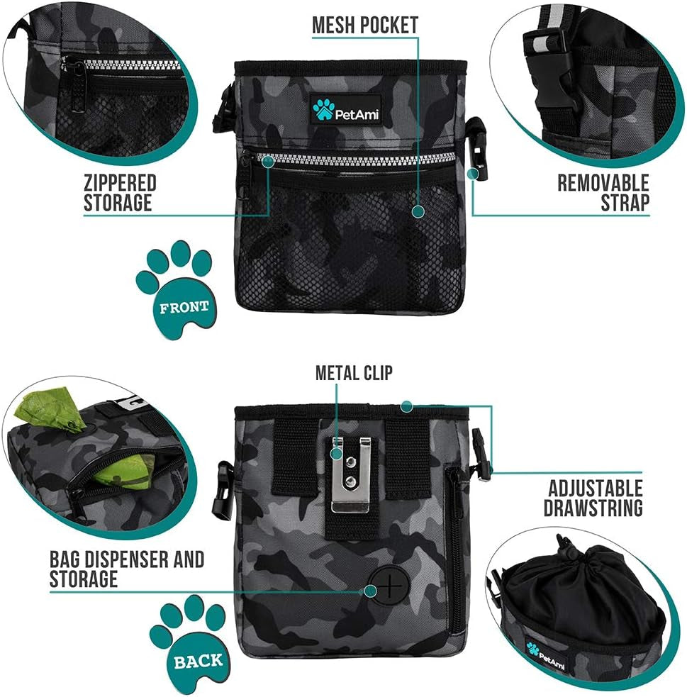 Camo Black Dog Training Treat Pouch – 3-Way Wear with Poop Bag Holder