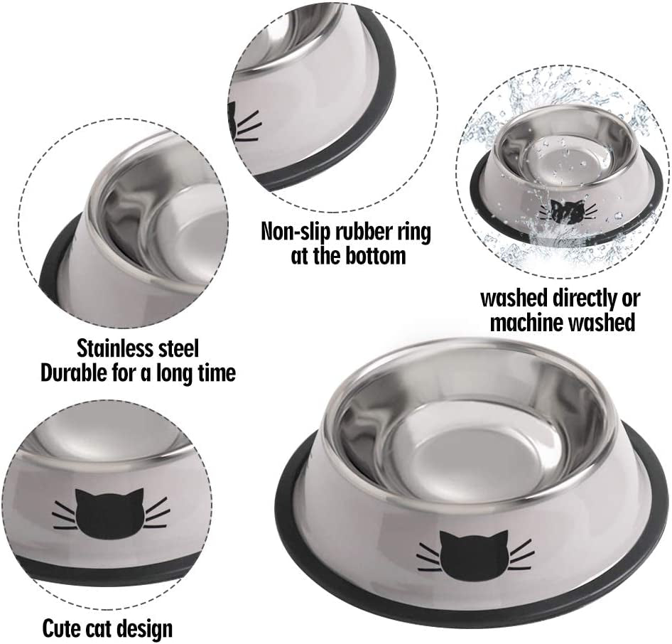 Cat Bowls for Food and Water,2Pcs Non-Slip Stainless Steel Small 8 Oz Pet Bowl with Removable Rubber Base Dog Bowl,Stackable Puppy Dishes with Cute Cat Painted