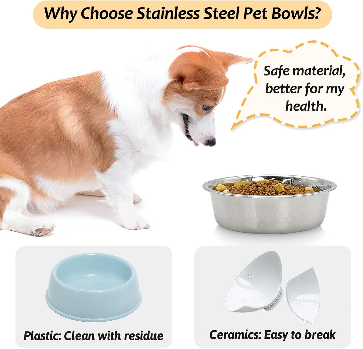 3 Pack Hammered Stainless Steel Cat Bowls, 2 Cups/16 Oz Premium Metal Puppy Feeder Bowl Set for Raised Feeding Station Basic Kitten Food & Water Dishes for Small & Medium Pets Dishwasher Safe