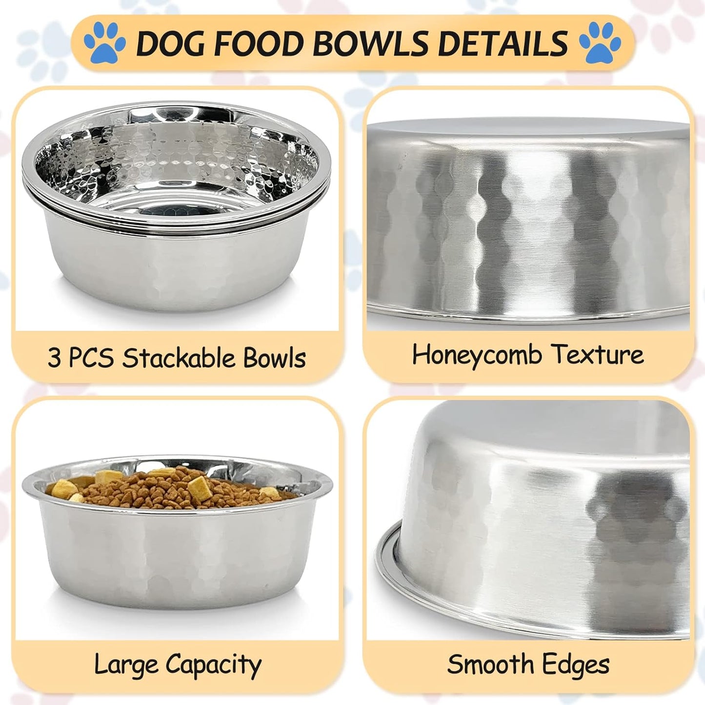 3 Pack Hammered Stainless Steel Cat Bowls, 2 Cups/16 Oz Premium Metal Puppy Feeder Bowl Set for Raised Feeding Station Basic Kitten Food & Water Dishes for Small & Medium Pets Dishwasher Safe