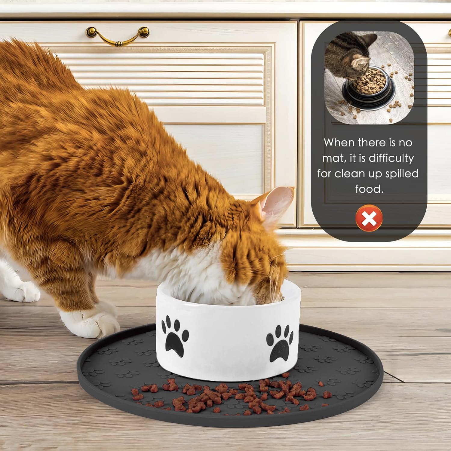 Silicone Pet Food Mat - Waterproof Dog & Cat Feeding Mat with High Lip to Prevent Spills & Protect Floors, Black