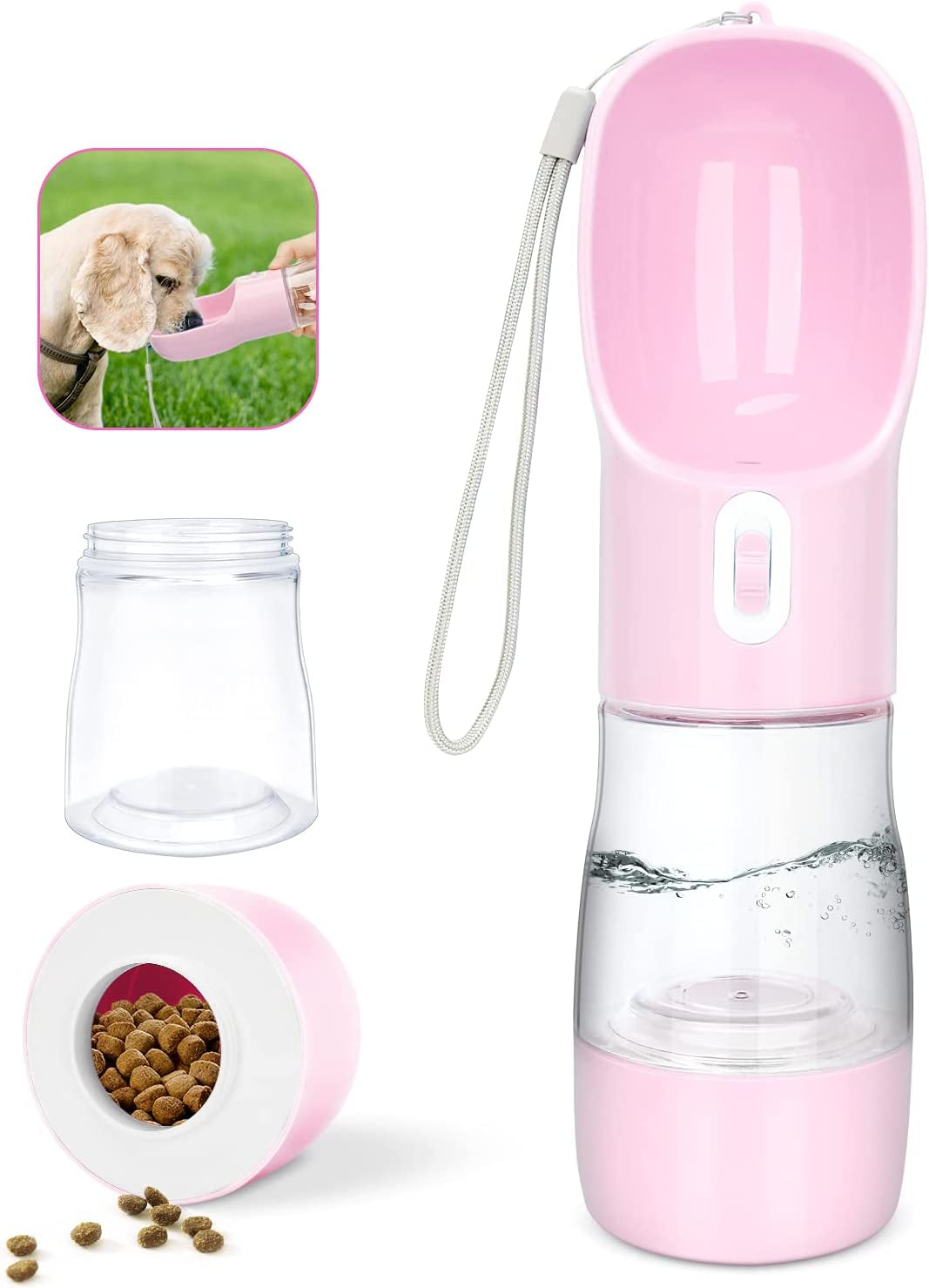 Leakproof Pink Portable Dog Water Bottle with Built-In Travel Bowl Pink