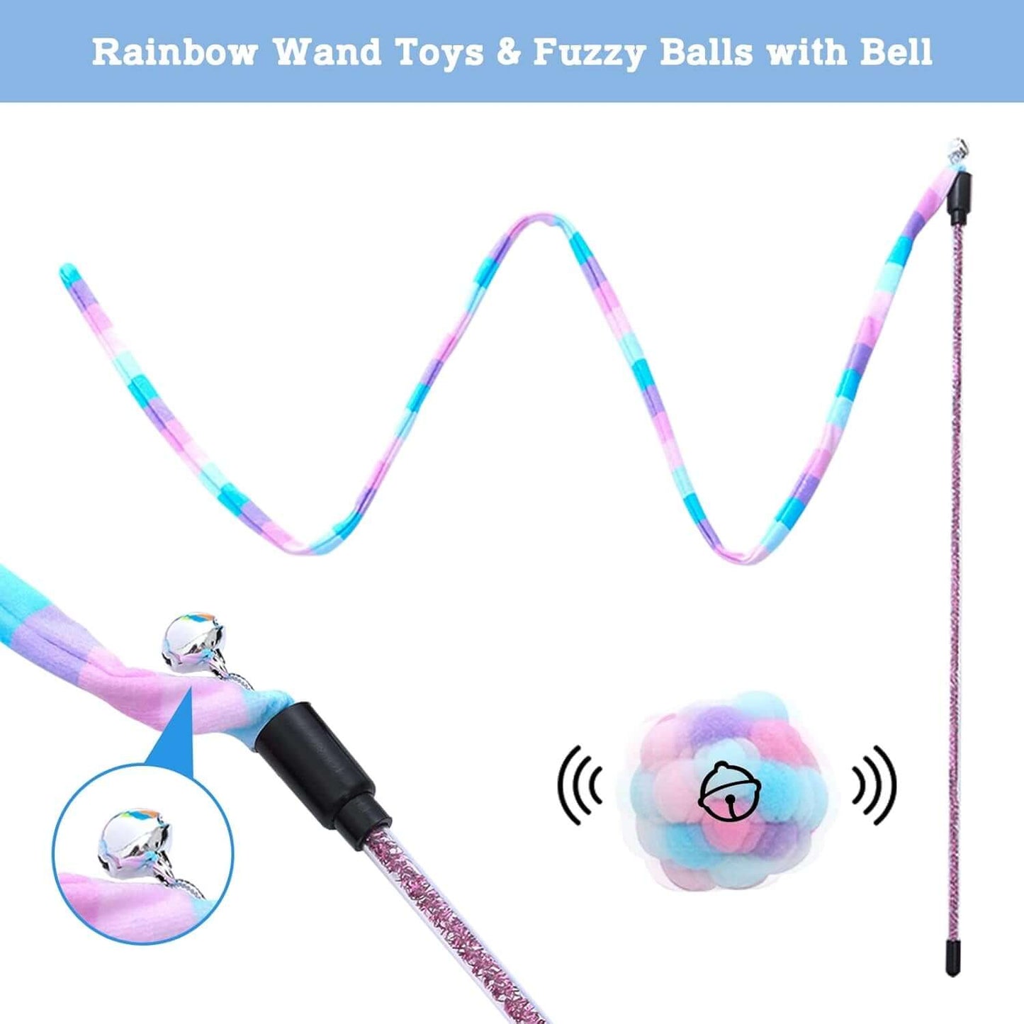 3-Pack Interactive Cat Toys for Indoor Cats – Wand, Bell Balls & Springs