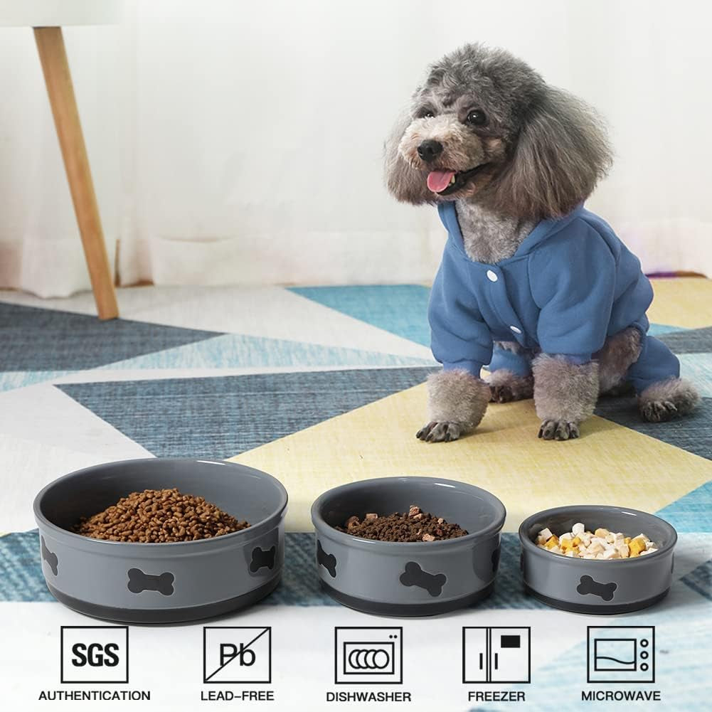 70oz Large Ceramic Dog Bowl – Gray Porcelain Feeding Dish with Bone Design