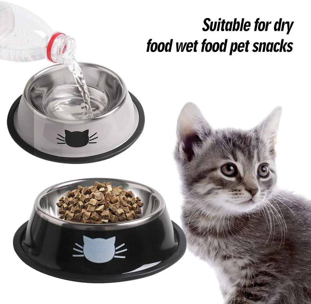 Cat Bowls for Food and Water,2Pcs Non-Slip Stainless Steel Small 8 Oz Pet Bowl with Removable Rubber Base Dog Bowl,Stackable Puppy Dishes with Cute Cat Painted
