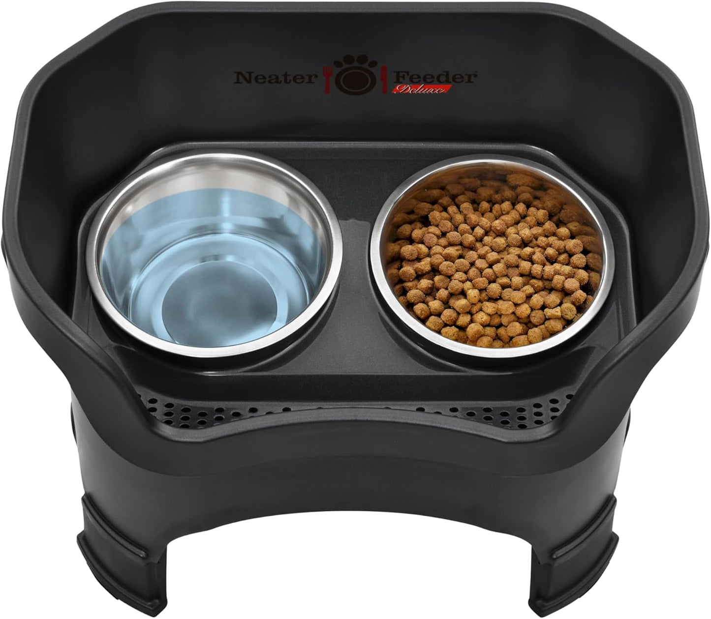 Large Elevated Spill-Proof Dog Bowl Set – Black Feeder with Stainless Steel Bowls (USA Made)