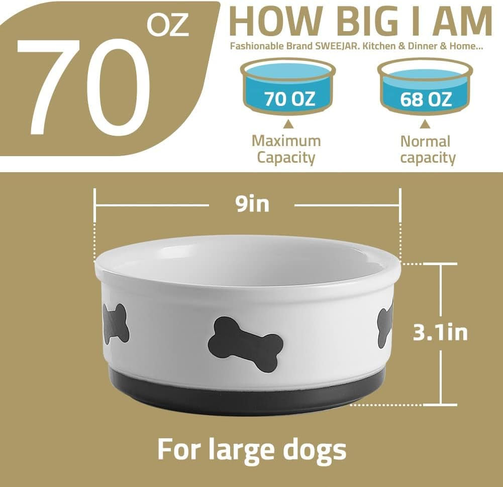 70oz Large Ceramic Dog Bowl – Gray Porcelain Feeding Dish with Bone Design