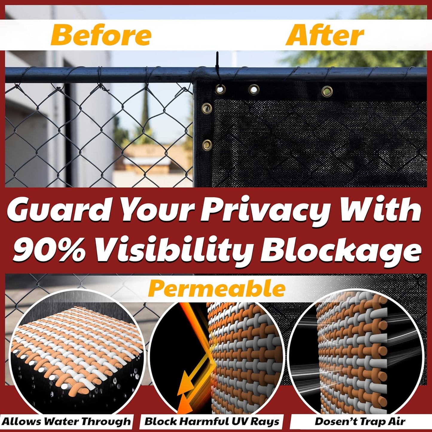 Heavy-Duty 6x50 Privacy Fence Screen – Black Mesh with Grommets