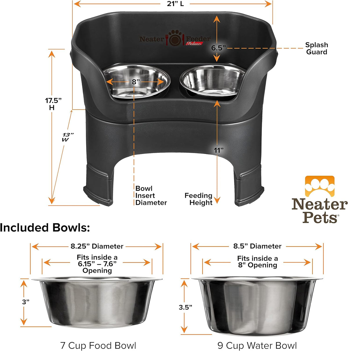 Elevated Dog Bowl Stand – Large Raised Feeder with Stainless Steel Bowls, Black