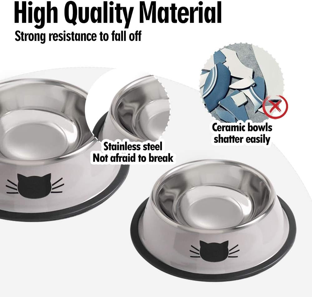 Cat Bowls for Food and Water,2Pcs Non-Slip Stainless Steel Small 8 Oz Pet Bowl with Removable Rubber Base Dog Bowl,Stackable Puppy Dishes with Cute Cat Painted
