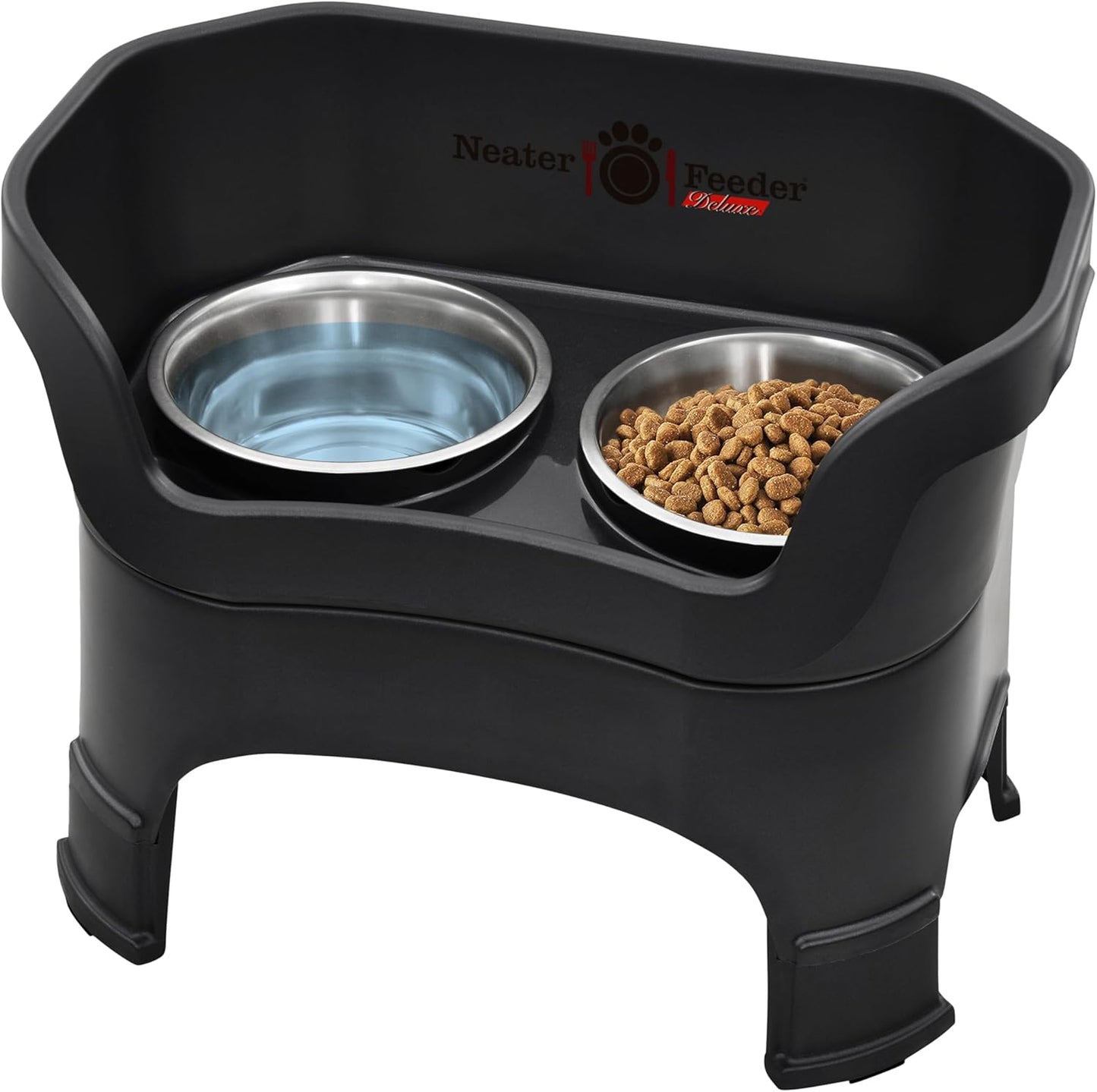 Large Elevated Spill-Proof Dog Bowl Set – Black Feeder with Stainless Steel Bowls (USA Made) - Petgrove Online