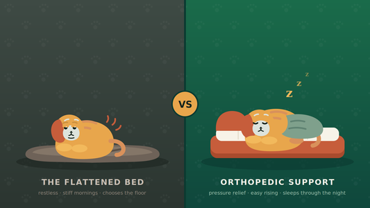 senior dog uncomfortable on flattened old bed versus sleeping comfortably on orthopedic memory foam dog bed