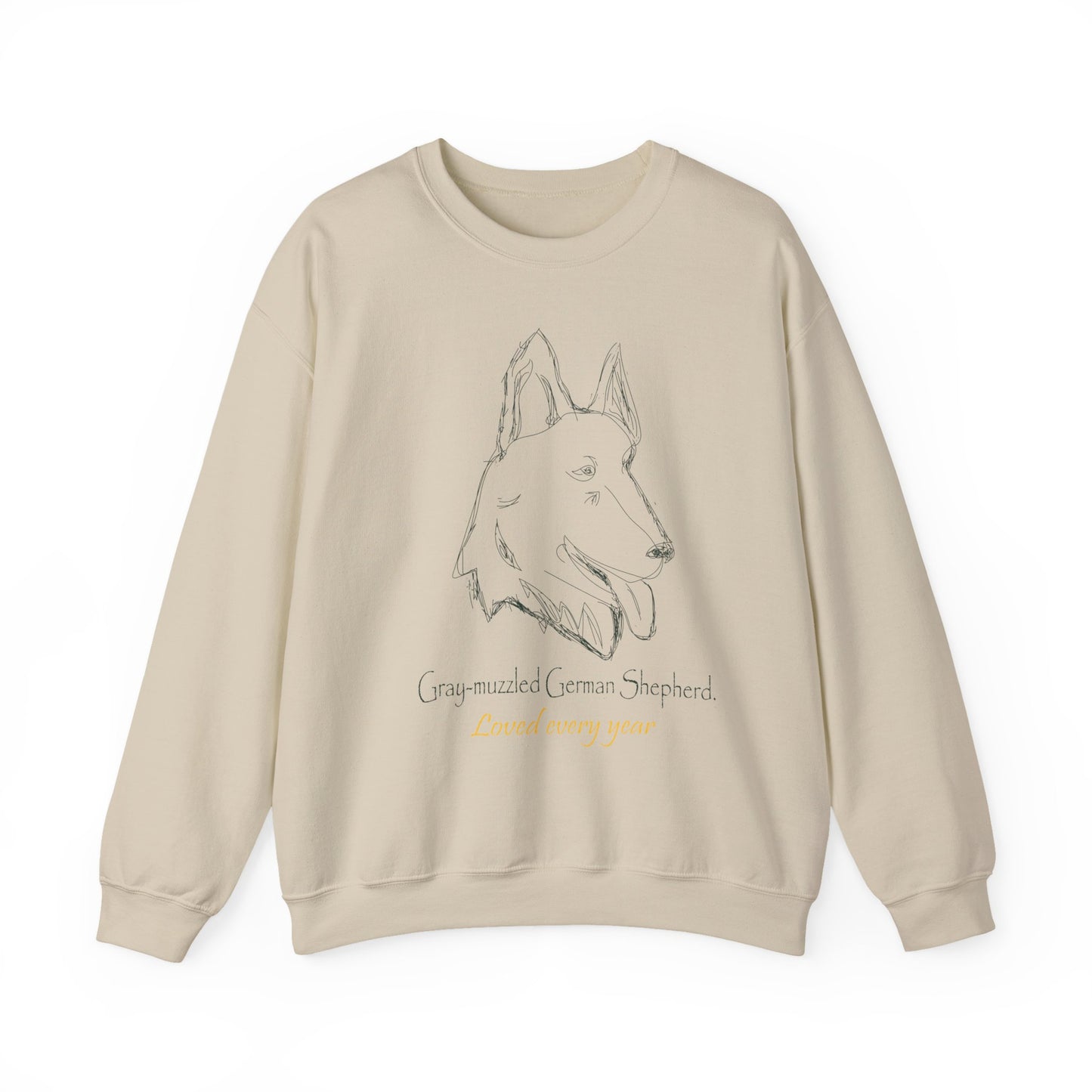 White Crewneck Sweatshirt with Minimalist German Shepherd Sketch — 'Guardian Every Season' Sand