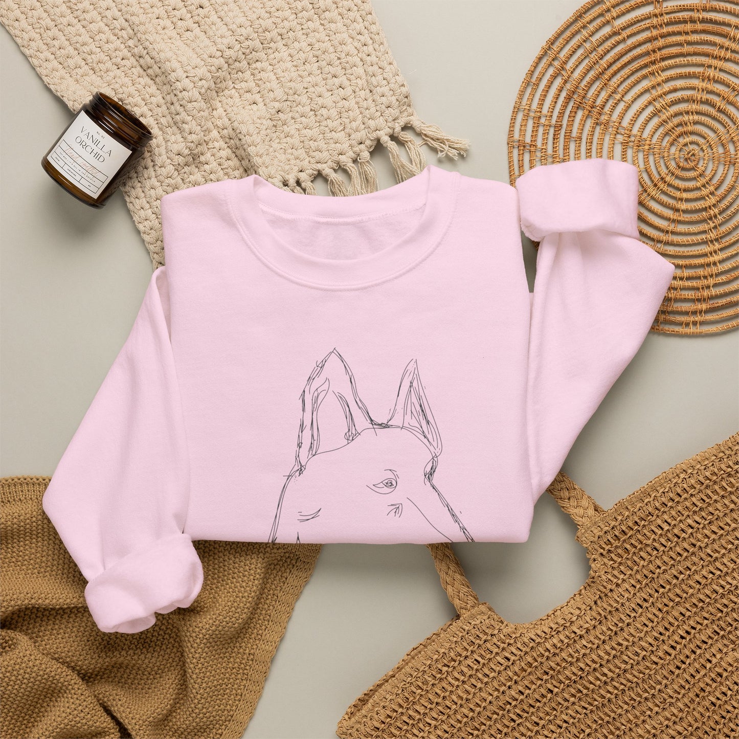 White Crewneck Sweatshirt with Minimalist German Shepherd Sketch — 'Guardian Every Season'