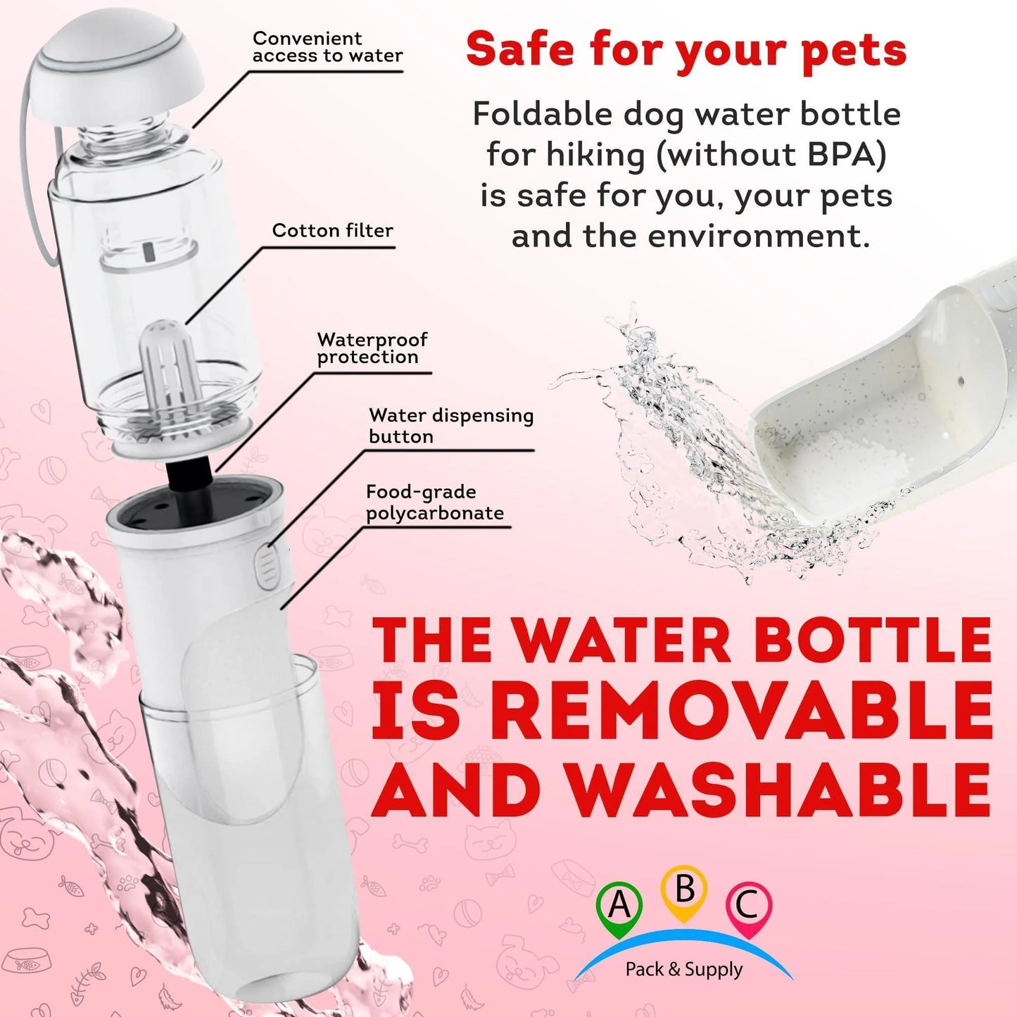 Portable Dog Water Bottle Dispenser 12 Oz Silicone Strap & Filter