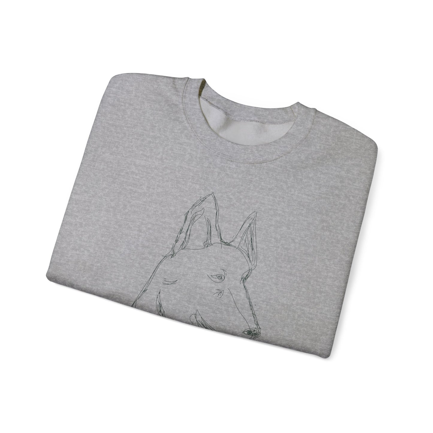White Crewneck Sweatshirt with Minimalist German Shepherd Sketch — 'Guardian Every Season'