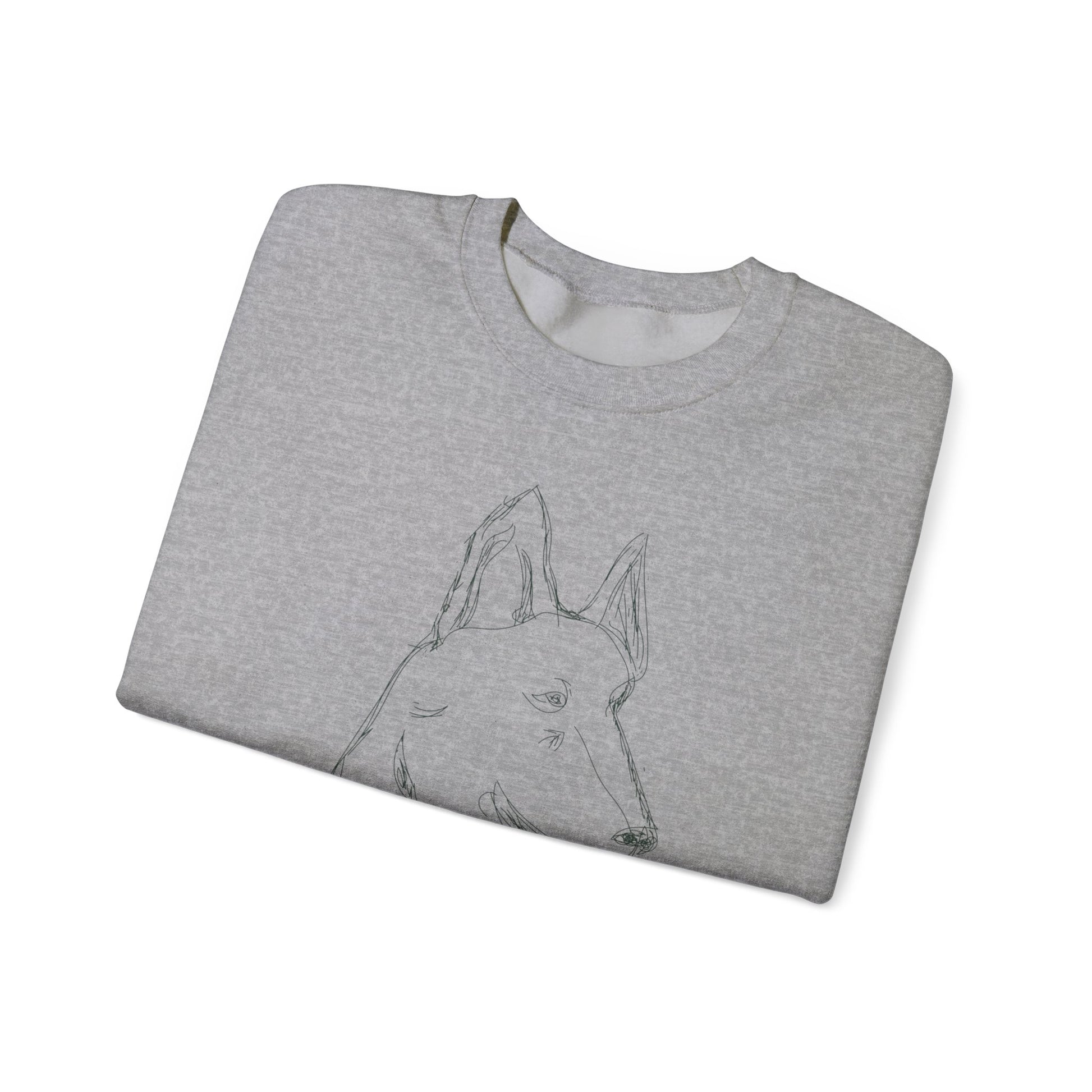 White Crewneck Sweatshirt with Minimalist German Shepherd Sketch — 'Guardian Every Season'