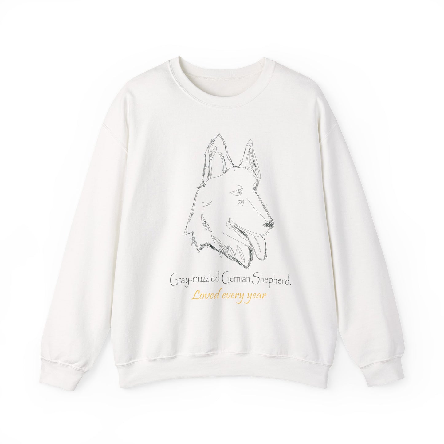 White Crewneck Sweatshirt with Minimalist German Shepherd Sketch — 'Guardian Every Season' White