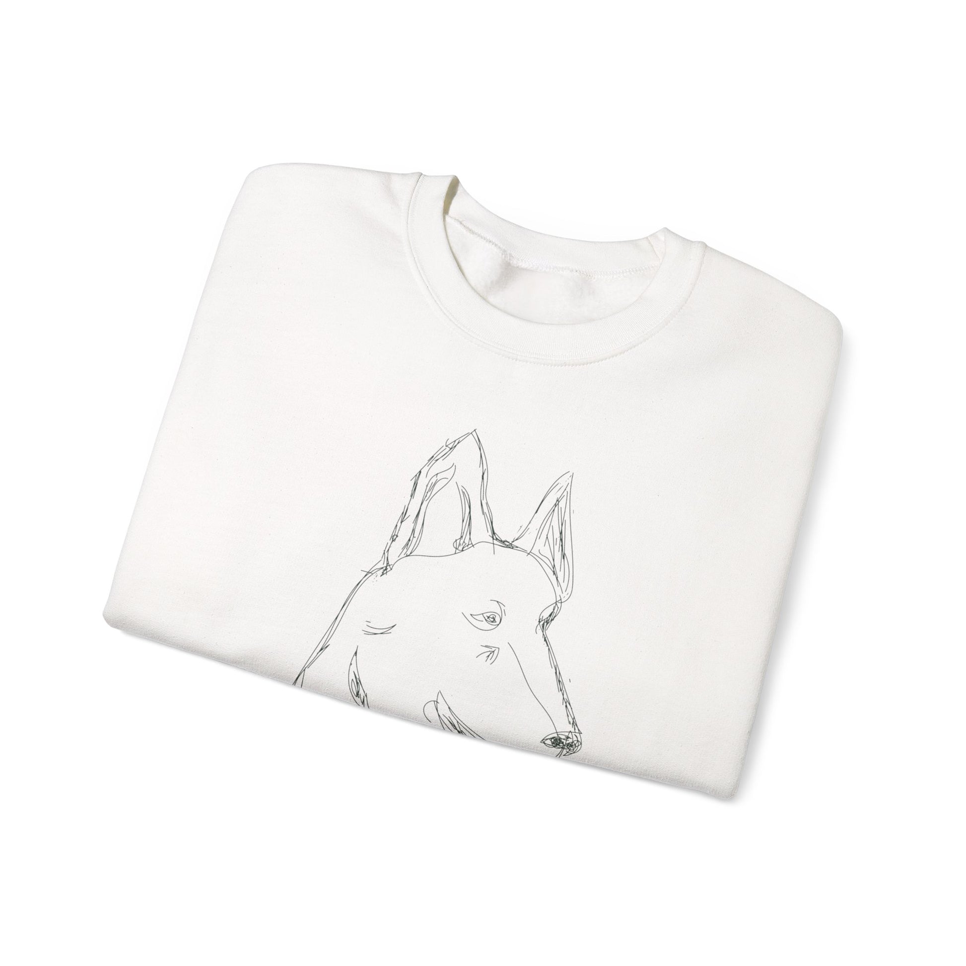 White Crewneck Sweatshirt with Minimalist German Shepherd Sketch — 'Guardian Every Season'