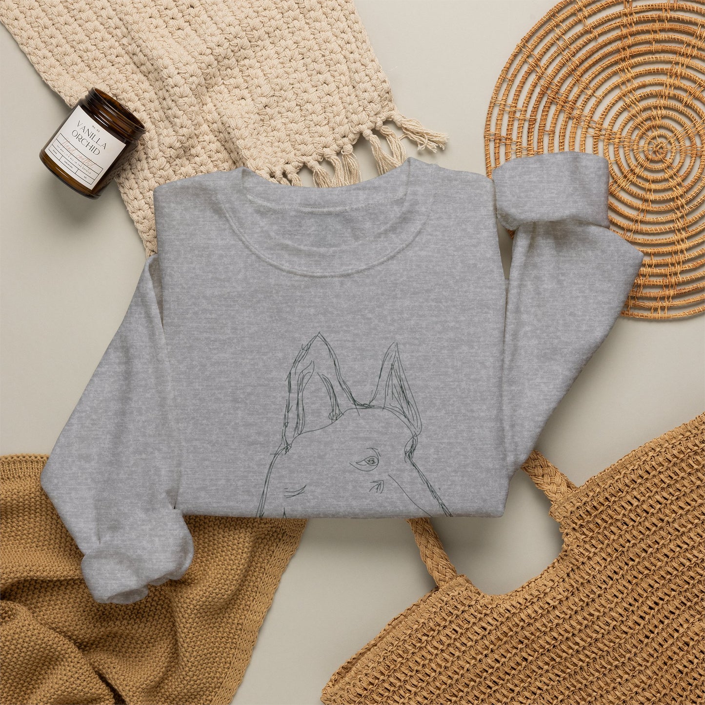 White Crewneck Sweatshirt with Minimalist German Shepherd Sketch — 'Guardian Every Season'