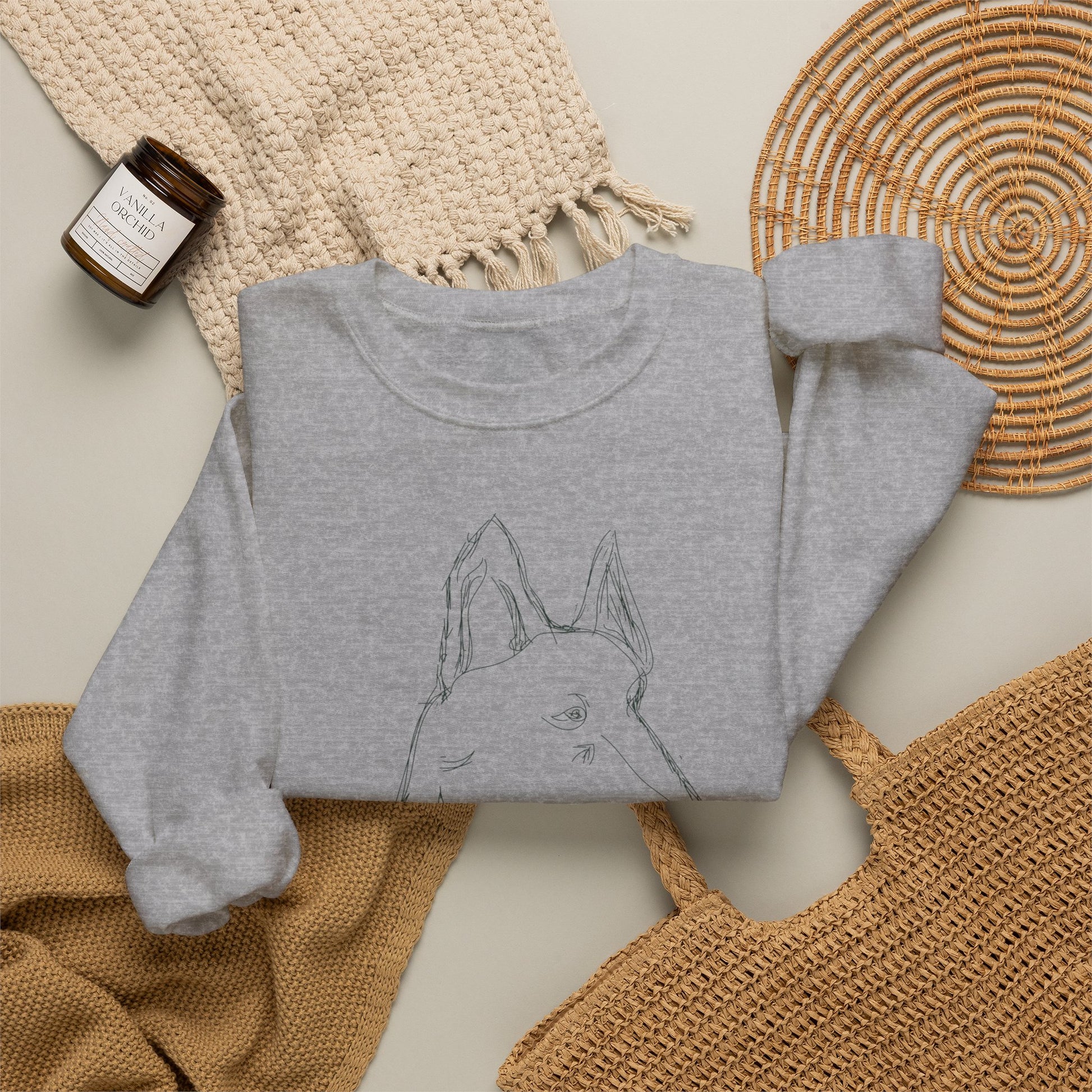 White Crewneck Sweatshirt with Minimalist German Shepherd Sketch — 'Guardian Every Season'