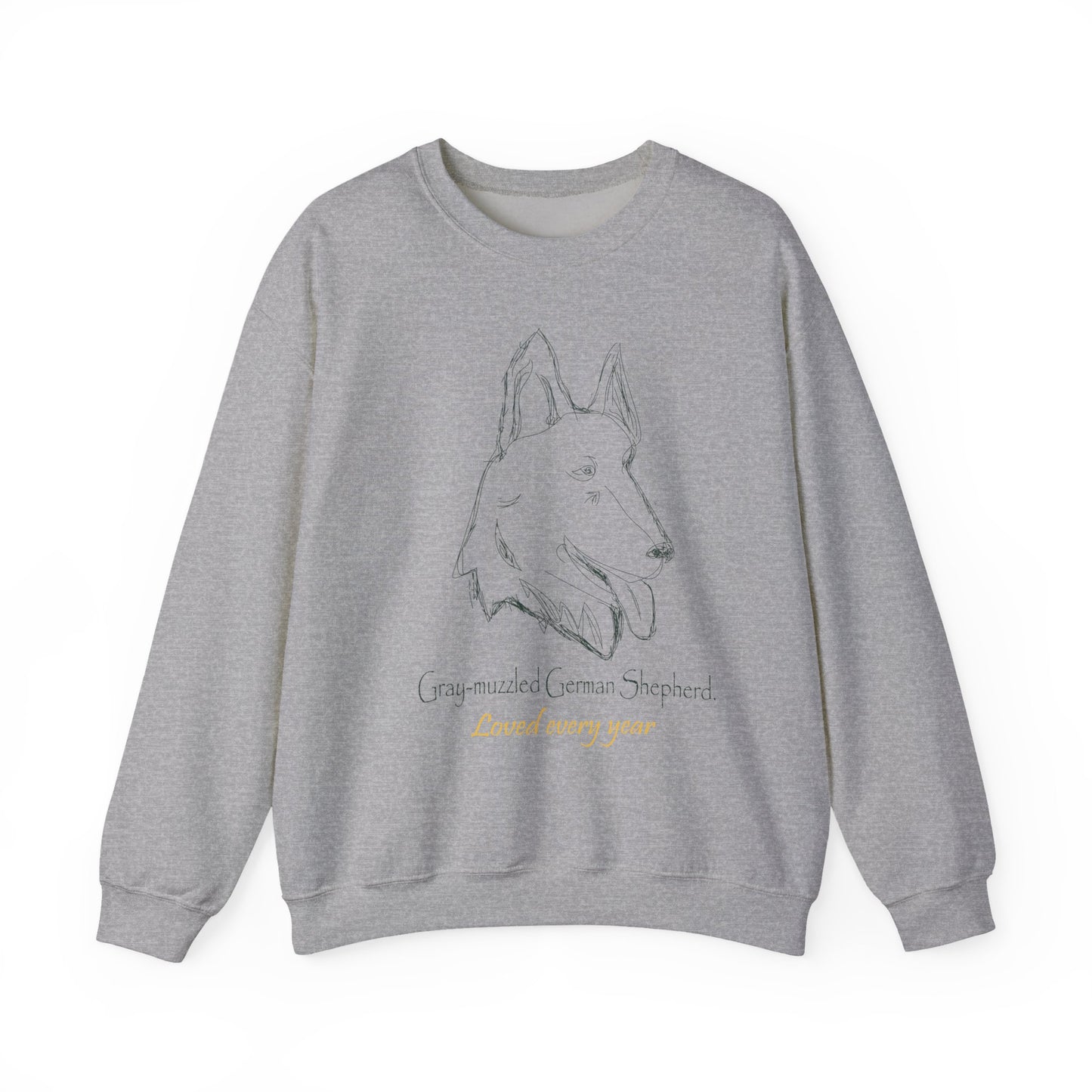 White Crewneck Sweatshirt with Minimalist German Shepherd Sketch — 'Guardian Every Season' Sport Grey