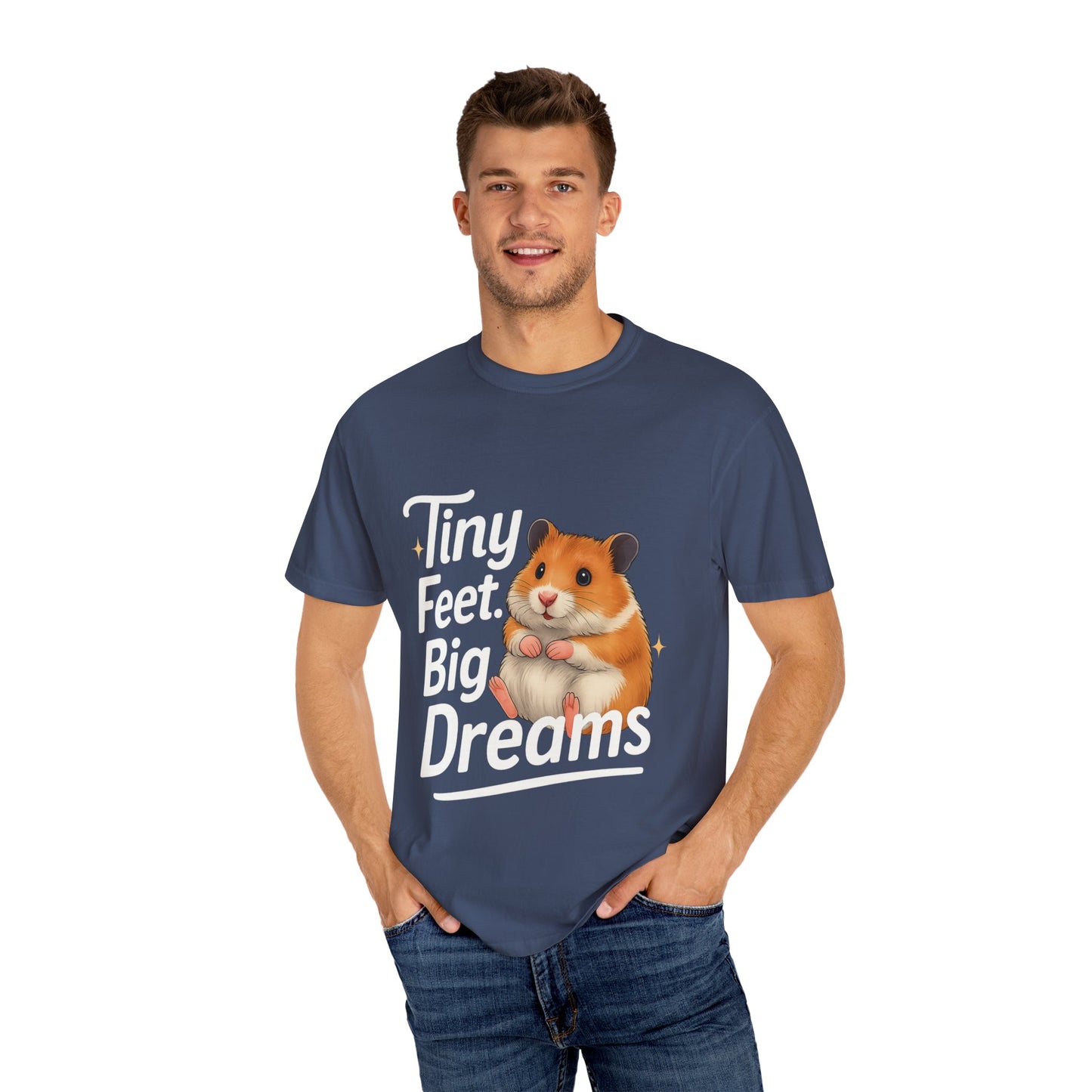 Tiny Feet, Big Dreams T-shirt | Cute Animal Tee, Gift for Hamster Lovers, Funny Pet Shirt, Unisex Casual Wear Midnight
