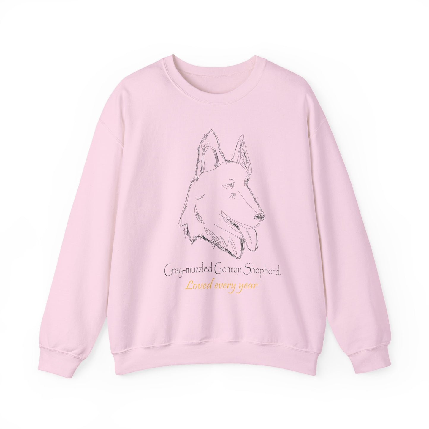 White Crewneck Sweatshirt with Minimalist German Shepherd Sketch — 'Guardian Every Season' Light Pink