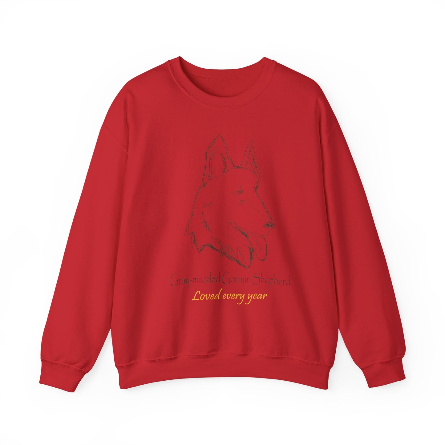 White Crewneck Sweatshirt with Minimalist German Shepherd Sketch — 'Guardian Every Season' Red