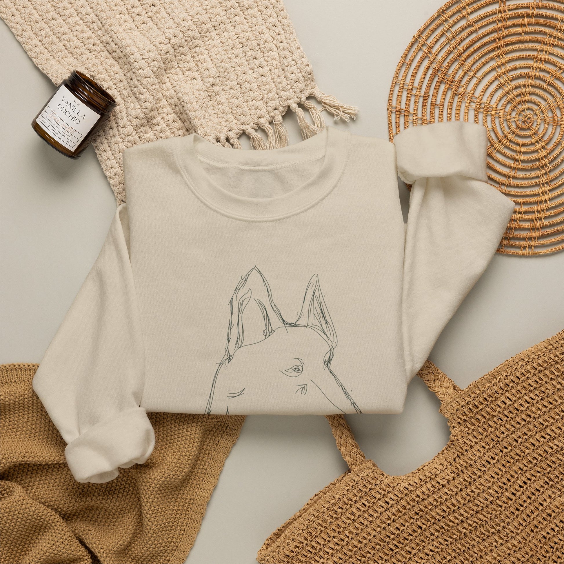 White Crewneck Sweatshirt with Minimalist German Shepherd Sketch — 'Guardian Every Season'