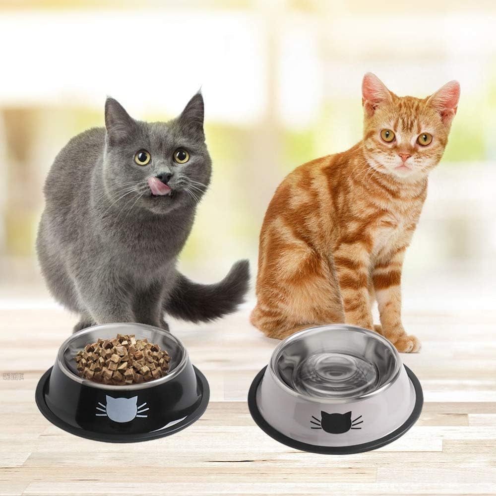 Cat Bowls for Food and Water,2Pcs Non-Slip Stainless Steel Small 8 Oz Pet Bowl with Removable Rubber Base Dog Bowl,Stackable Puppy Dishes with Cute Cat Painted