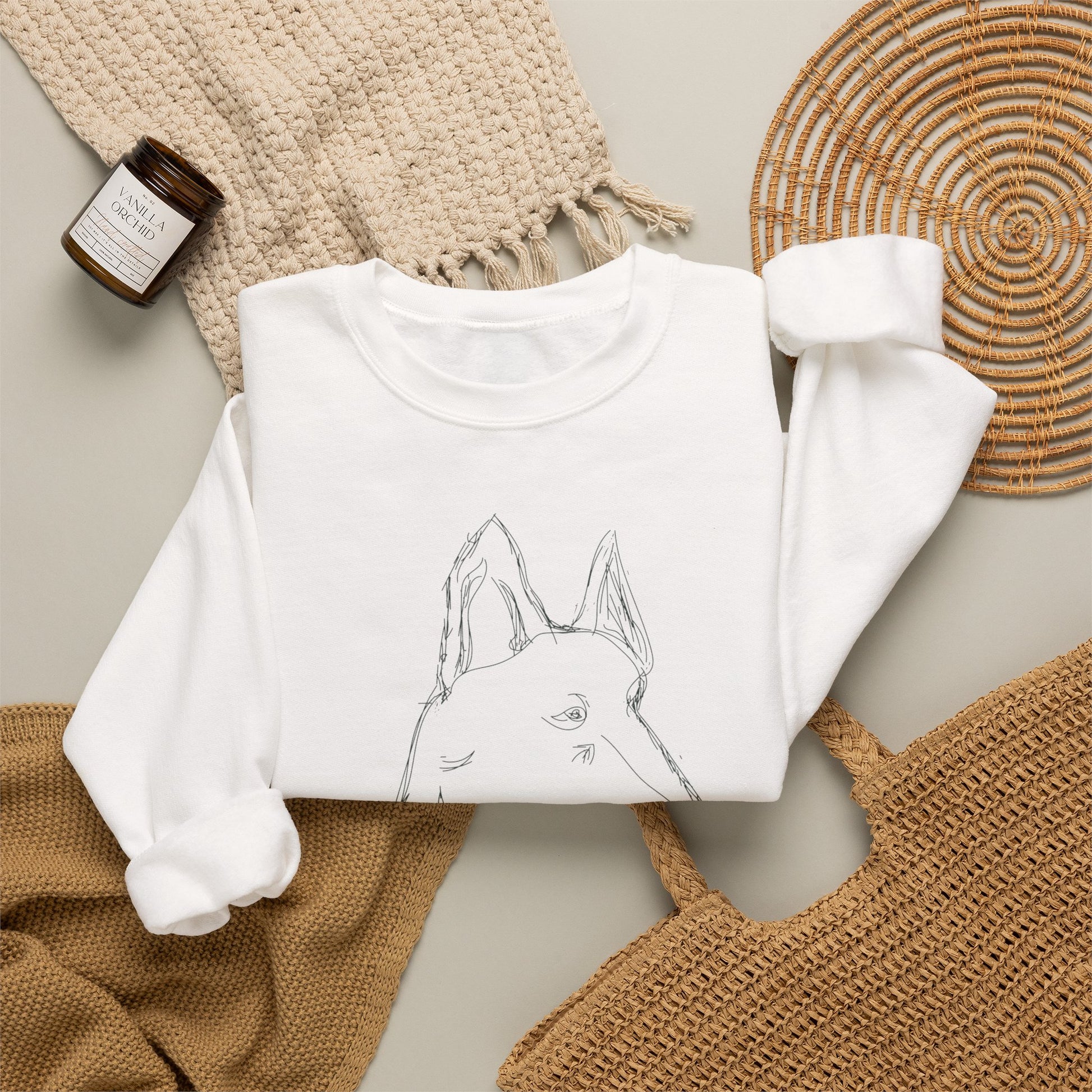 White Crewneck Sweatshirt with Minimalist German Shepherd Sketch — 'Guardian Every Season'