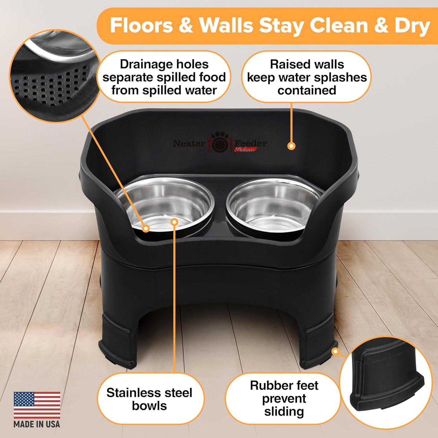 Large Elevated Spill-Proof Dog Bowl Set – Black Feeder with Stainless Steel Bowls (USA Made) - Petgrove Online