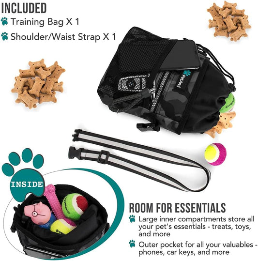 Camo Black Dog Training Treat Pouch – 3-Way Wear with Poop Bag Holder - Petgrove Online