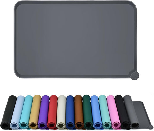 Waterproof Pet Feeding Mat with High Raised Edges, Heavier and Thicker Placemats for Cat Dog Water Bowl with BPA Free, Dogs Cats Food Mats for Messy Drinkers to Prevent Spill and Protect Floors Grey 18.5" X 11.5"