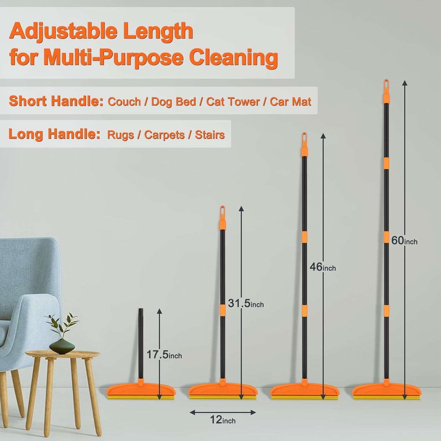 Carpet Rake for Pet Hair Removal, 5FT Reusable Pet Hair Removal Tool with Adjustable Handle, 3 in 1 Lint Remover Dog Cat Fur Remover Broom for Rugs, Mats, Beds, Stairs, Couch