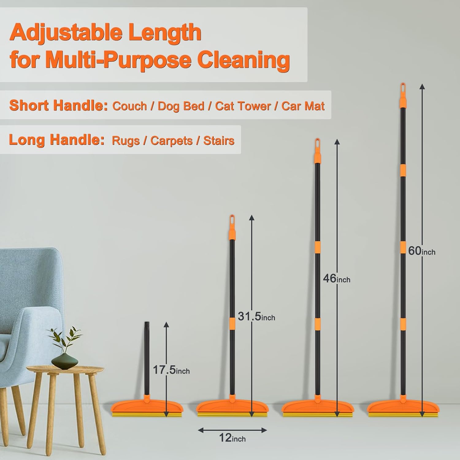 Carpet Rake for Pet Hair Removal, 5FT Reusable Pet Hair Removal Tool with Adjustable Handle, 3 in 1 Lint Remover Dog Cat Fur Remover Broom for Rugs, Mats, Beds, Stairs, Couch