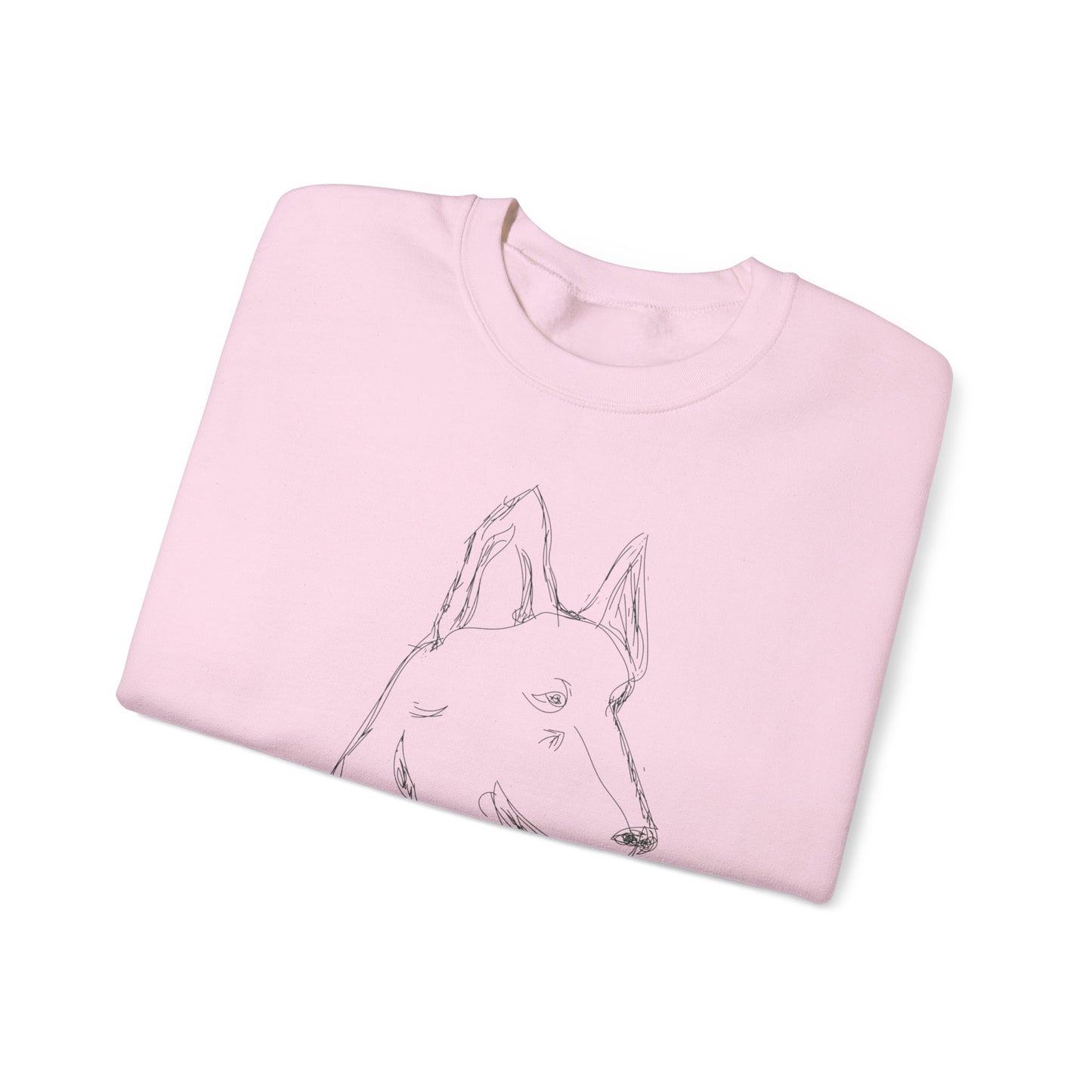 White Crewneck Sweatshirt with Minimalist German Shepherd Sketch — 'Guardian Every Season'