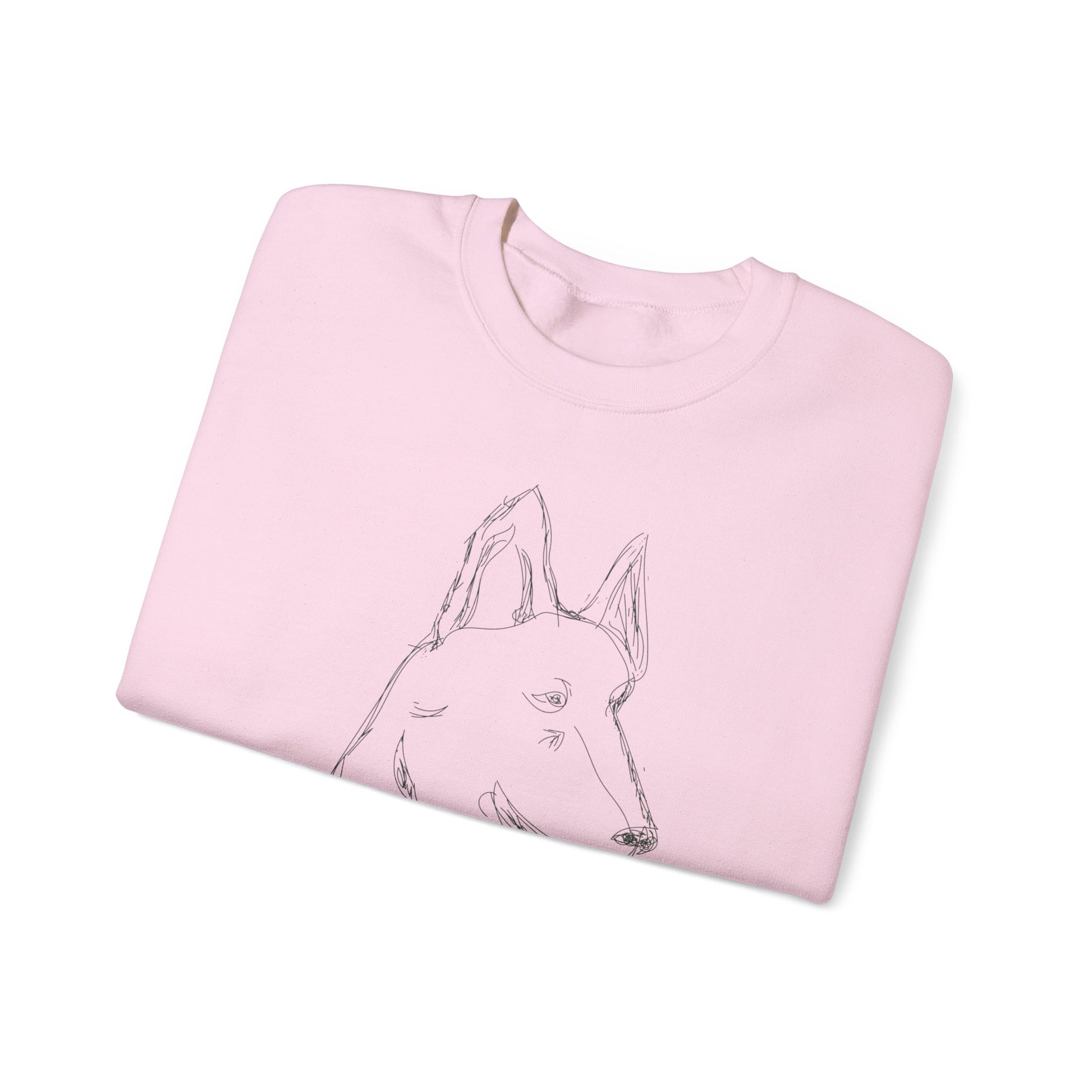 White Crewneck Sweatshirt with Minimalist German Shepherd Sketch — 'Guardian Every Season'