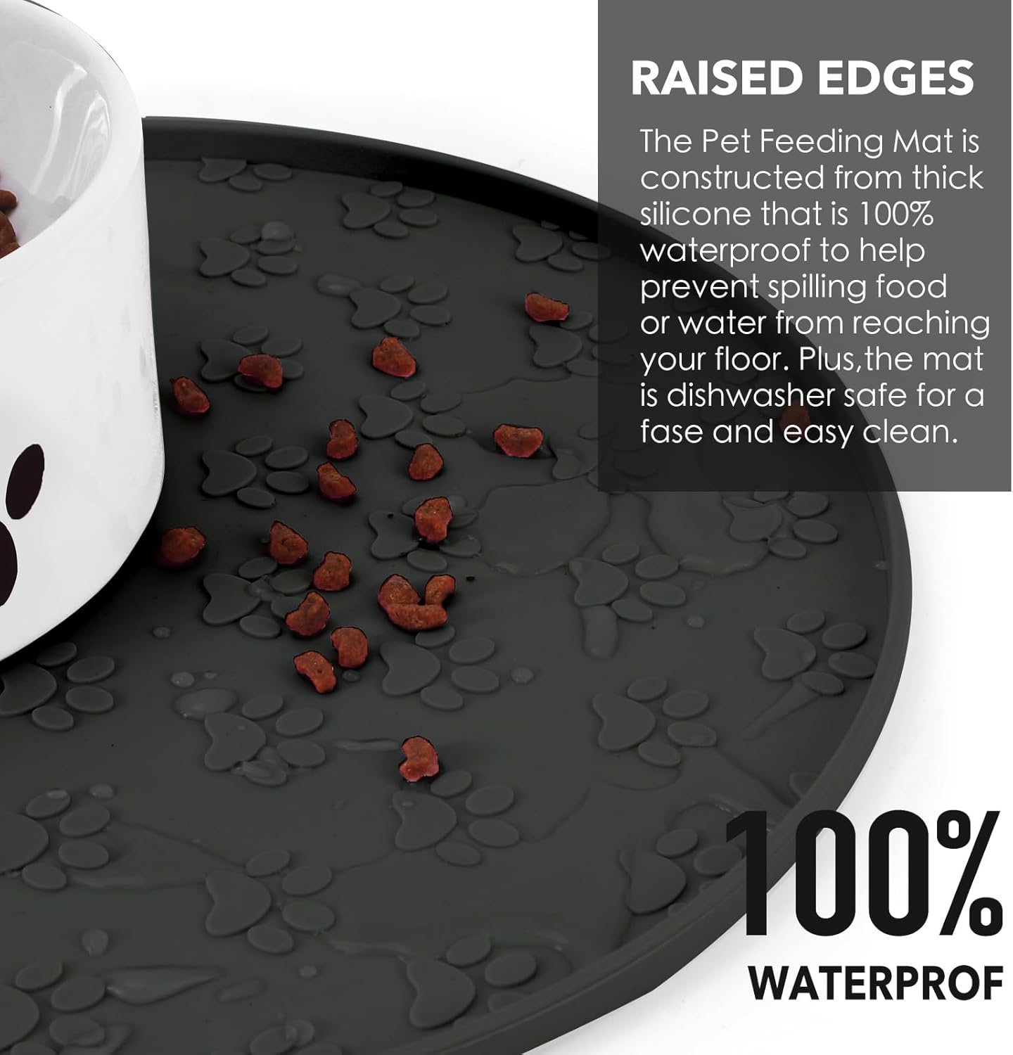 Silicone Pet Food Mat - Waterproof Dog & Cat Feeding Mat with High Lip to Prevent Spills & Protect Floors, Black