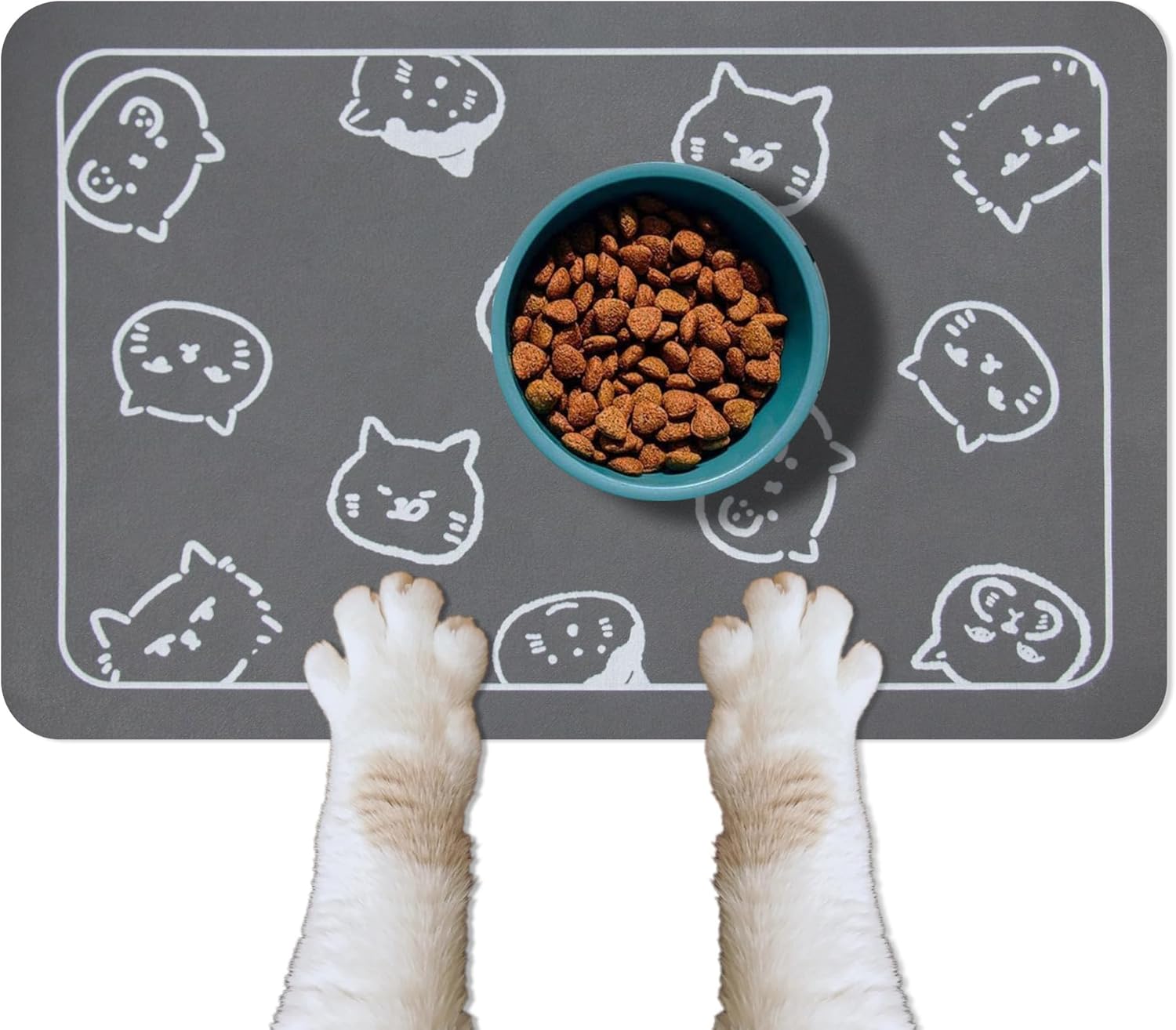 Cat Food Mat for Pet Dog Food Mat, Cat Mat for Food and Water, Cat Feeding Mat Pet Dog Cat Bowl Mat, Non-Slip Super Absorbent, with Multiple Cat Heads Logo，18.1 X 11.8 Inches, Dark Grey Dark Grey Multiple Cat Heads Logo 18.1"L X 11.8"W