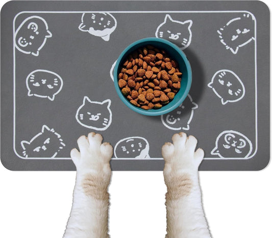 Cat Food Mat for Pet Dog Food Mat, Cat Mat for Food and Water, Cat Feeding Mat Pet Dog Cat Bowl Mat, Non-Slip Super Absorbent, with Multiple Cat Heads Logo，18.1 X 11.8 Inches, Dark Grey Dark Grey Multiple Cat Heads Logo 18.1"L X 11.8"W
