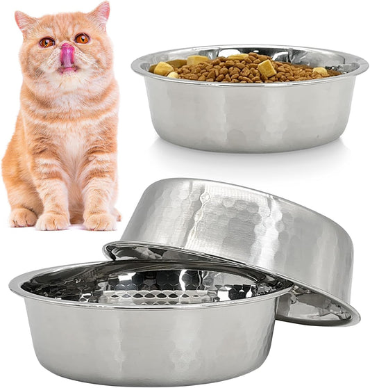 3 Pack Hammered Stainless Steel Cat Bowls, 2 Cups/16 Oz Premium Metal Puppy Feeder Bowl Set for Raised Feeding Station Basic Kitten Food & Water Dishes for Small & Medium Pets Dishwasher Safe 5.7″ Outer Dia